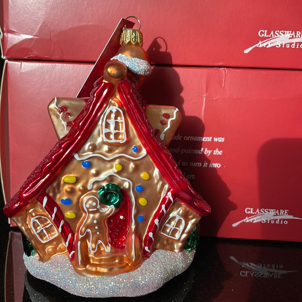 NWT GLASSWARE ART STUDIO Gingerbread house Glass Christmas Ornament